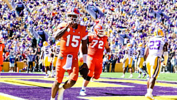 Oct 16, 2021; Baton Rouge, Louisiana, USA; Florida Gators quarterback Anthony Richardson (15) reacts to scoring a touchdown against LSU Tigers during the second half at Tiger Stadium. Mandatory Credit: Stephen Lew-USA TODAY Sports
