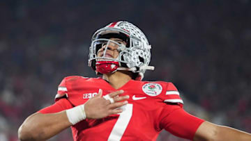 Sat., Jan. 1, 2022; Pasadena, California, USA; Ohio State Buckeyes quarterback C.J. Stroud (7) celebrates after a touchdown during the fourth quarter of the 108th Rose Bowl Game between the Ohio State Buckeyes and the Utah Utes at the Rose Bowl.02 rosebowl