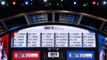 Jun 23, 2016; New York, NY, USA; A general view of a video board displaying all thirty draft picks in the first round of the 2016 NBA Draft at Barclays Center. Mandatory Credit: Jerry Lai-USA TODAY Sports