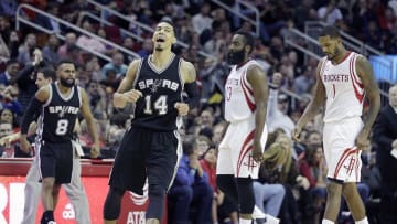 Dec 20, 2016; Houston, TX, USA; San Antonio Spurs guard Danny Green (14) reacts after making a three point basket against the Houston Rockets in the second half at Toyota Center. San Antonio Spurs won 102 to 100. Mandatory Credit: Thomas B. Shea-USA TODAY Sports