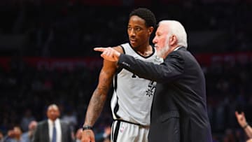 LOS ANGELES, CA - NOVEMBER 15: San Antonio Spurs head coach Gregg Popovich talks with San Antonio Spurs Forward DeMar DeRozan (10) during a NBA game between the San Antonio Spurs and the Los Angeles Clippers on November 15, 2018 at STAPLES Center in Los Angeles, CA. (Photo by Brian Rothmuller/Icon Sportswire via Getty Images)