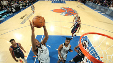 NEW YORK, NY - FEBRUARY 24: Quincy Pondexter #3 of the San Antonio Spurs handles the rebound against the New York Knicks on February 24, 2019 at Madison Square Garden in New York City, New York. NOTE TO USER: User expressly acknowledges and agrees that, by downloading and or using this photograph, User is consenting to the terms and conditions of the Getty Images License Agreement. Mandatory Copyright Notice: Copyright 2019 NBAE (Photo by Nathaniel S. Butler/NBAE via Getty Images)