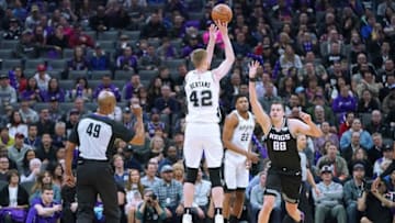 SACRAMENTO, CA - FEBRUARY 04: Davis Bertans #42 of the San Antonio Spurs shoots over Nemanja Bjelica #88 of the Sacramento Kings during an NBA basketball game at Golden 1 Center on February 4, 2019 in Sacramento, California. NOTE TO USER: User expressly acknowledges and agrees that, by downloading and or using this photograph, User is consenting to the terms and conditions of the Getty Images License Agreement. (Photo by Thearon W. Henderson/Getty Images)