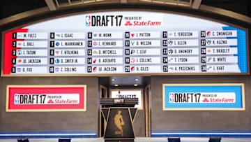 BROOKLYN, NY - JUNE 22: A shot of the first round draft board during the 2017 NBA Draft on June 22, 2017 at Barclays Center in Brooklyn, New York. NOTE TO USER: User expressly acknowledges and agrees that, by downloading and or using this photograph, User is consenting to the terms and conditions of the Getty Images License Agreement. Mandatory Copyright Notice: Copyright 2017 NBAE (Photo by Nathaniel S. Butler /NBAE via Getty Images)
