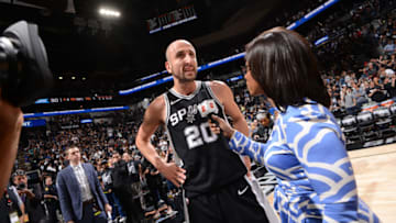 SAN ANTONIO, TX - APRIL 22: Manu Ginobili #20 of the San Antonio Spurs speaks with media after the game against the Golden State Warriors in Game Four of Round One of the 2018 NBA Playoffs on April 22, 2018 at the AT&T Center in San Antonio, Texas. NOTE TO USER: User expressly acknowledges and agrees that, by downloading and or using this photograph, user is consenting to the terms and conditions of the Getty Images License Agreement. Mandatory Copyright Notice: Copyright 2018 NBAE (Photos by Noah Graham/NBAE via Getty Images)