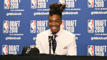 BROOKLYN, NY - JUNE 21: Lonnie Walker speaks to the media after being selected by the San Antonio Spurs at the 2018 NBA Draft on June 21, 2018 at the Barclays Center in Brooklyn, New York. NOTE TO USER: User expressly acknowledges and agrees that, by downloading and/or using this photograph, user is consenting to the terms and conditions of the Getty Images License Agreement. Mandatory Copyright Notice: Copyright 2018 NBAE (Photo by Kostas Lymperopoulos/NBAE via Getty Images)