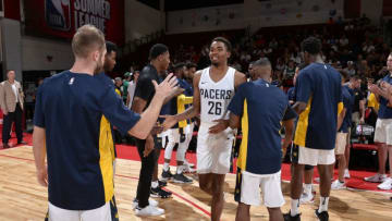LAS VEGAS, NV - JULY 6: Ben Moore #26 of the Indiana Pacers is introduced before the game against the Houston Rockets during the 2018 Las Vegas Summer League on July 6, 2018 at the Cox Pavilion in Las Vegas, Nevada. NOTE TO USER: User expressly acknowledges and agrees that, by downloading and/or using this photograph, user is consenting to the terms and conditions of the Getty Images License Agreement. Mandatory Copyright Notice: Copyright 2018 NBAE (Photo by David Dow/NBAE via Getty Images)