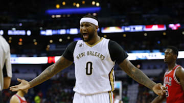 NEW ORLEANS, LA - APRIL 02: DeMarcus Cousins #0 of the New Orleans Pelicans reacts during the first half of a game against the Chicago Bulls at the Smoothie King Center on April 2, 2017 in New Orleans, Louisiana. NOTE TO USER: User expressly acknowledges and agrees that, by downloading and or using this photograph, User is consenting to the terms and conditions of the Getty Images License Agreement. (Photo by Jonathan Bachman/Getty Images)
