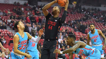 LAS VEGAS, NV - JANUARY 17: Brandon McCoy #44 of the UNLV Rebels shoots against Anthony Mathis #32 of the New Mexico Lobos during their game at the Thomas & Mack Center on January 17, 2018 in Las Vegas, Nevada. (Photo by Sam Wasson/Getty Images)