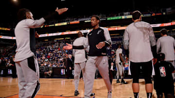 PHOENIX, AZ - OCTOBER 31: DeMar DeRozan #10 of the San Antonio Spurs gets introduced before the game against the Phoenix Suns on October 31, 2018 at Talking Stick Resort Arena in Phoenix, Arizona. NOTE TO USER: User expressly acknowledges and agrees that, by downloading and or using this photograph, user is consenting to the terms and conditions of the Getty Images License Agreement. Mandatory Copyright Notice: Copyright 2018 NBAE (Photo by Michael Gonzales/NBAE via Getty Images)