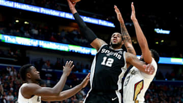 NEW ORLEANS, LOUISIANA - NOVEMBER 19: LaMarcus Aldridge #12 of the San Antonio Spurs shoots over Anthony Davis #23 of the New Orleans Pelicans during a game at the Smoothie King Center on November 19, 2018 in New Orleans, Louisiana. (Photo by Sean Gardner/Getty Images)