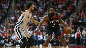 Dec 16, 2019; Houston, TX, USA; Houston Rockets guard James Harden (13) dribbles and San Antonio Spurs guard Derrick White (4) defends during the game at Toyota Center. Mandatory Credit: Troy Taormina-USA TODAY Sports