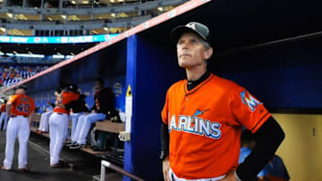 May 24, 2015; Miami, FL, USA; Miami Marlins third base coach Brett Butler (2) looks on from the dugout prior to a game against the Baltimore Orioles at Marlins Park. Mandatory Credit: Steve Mitchell-USA TODAY Sports