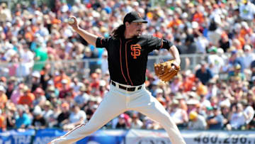 Mar 21, 2016; Scottsdale, AZ, USA; San Francisco Giants starting pitcher Jeff Samardzija (29) throws a pitch during the first inning against the Oakland Athletics at Scottsdale Stadium. Mandatory Credit: Matt Kartozian-USA TODAY Sports
