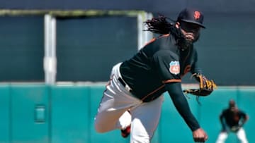 Mar 9, 2016; Scottsdale, AZ, USA; San Francisco Giants starting pitcher Johnny Cueto (47) throws during the second inning against the Colorado Rockies at Scottsdale Stadium. Mandatory Credit: Matt Kartozian-USA TODAY Sports