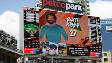 Jul 22, 2015; San Diego, CA, USA; San Diego Padres right fielder Matt Kemp (27) is displayed on the jumbotron at Petco Park during his at bat in the first inning against the San Francisco Giants during Wayback Wednesday. Mandatory Credit: Jake Roth-USA TODAY Sports