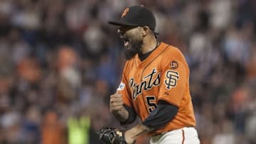 Aug 14, 2015; San Francisco, CA, USA; San Francisco Giants relief pitcher Sergio Romo (54) celebrates after striking out a batter during the eighth inning at AT&T Park. The San Francisco Giants defeated the Washington Nationals 8-5. Mandatory Credit: Ed Szczepanski-USA TODAY Sports