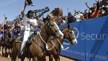 If Madison Bumgarner can ride a horse without getting hurt, he can swing for the fences without worrying about injury, right? (Jeff Chiu-Pool Photo via USA TODAY Sports)