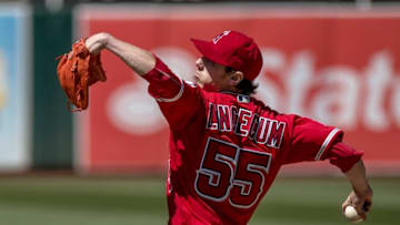 Jun 18, 2016; Oakland, CA, USA; Los Angeles Angels starting pitcher Tim Lincecum (55) throws a pitch against the Oakland Athletics during the sixth inning at Oakland Coliseum. Mandatory Credit: Kenny Karst-USA TODAY Sports