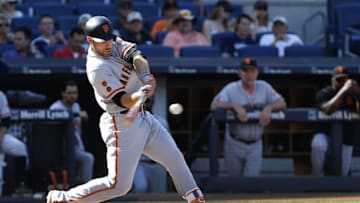Giants outfielder Mac Williamson was tagged out at home on this play Saturday. But that's okay: he later hit a home run and then knocked in the go-winning run against the Yankees. (Noah K. Murray-USA TODAY Sports)
