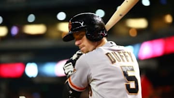 Sep 9, 2015; Phoenix, AZ, USA; San Francisco Giants third baseman Matt Duffy against the Arizona Diamondbacks at Chase Field. Mandatory Credit: Mark J. Rebilas-USA TODAY Sports