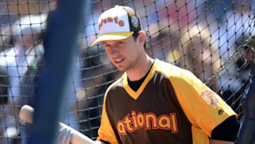 Jul 12, 2016; San Diego, CA, USA; National League catcher Buster Posey (28) of the San Francisco Giants before the 2016 MLB All Star Game at Petco Park. Mandatory Credit: Jake Roth-USA TODAY Sports