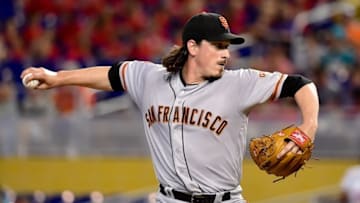 Aug 10, 2016; Miami, FL, USA; San Francisco Giants starting pitcher Jeff Samardzija (29) throws a pitch during the first inning against the Miami Marlins at Marlins Park. Mandatory Credit: Steve Mitchell-USA TODAY Sports