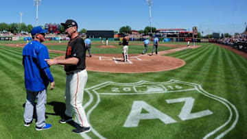 Mar 25, 2016; Scottsdale, AZ, USA; San Francisco Giants manager Bruce Bochy (15) talks with Kansas City Royals manager Ned Yost (3) prior to the game at Scottsdale Stadium. Mandatory Credit: Matt Kartozian-USA TODAY Sports