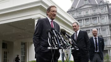 Jun 4, 2015; Washington, DC, USA; San Francisco Giants team president Larry Baer speaks with the media at the stakeout location outside the West Wing at the White House after a ceremony honoring the World Series champion San Francisco Giants. Mandatory Credit: Geoff Burke-USA TODAY Sports