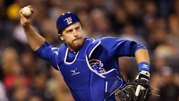 May 3, 2016; Pittsburgh, PA, USA; Chicago Cubs catcher Tim Federowicz (15) throws to first base to retire Pittsburgh Pirates first baseman Jason Rogers (not pictured) during the eighth inning at PNC Park. The Cubs won 7-1. Mandatory Credit: Charles LeClaire-USA TODAY Sports