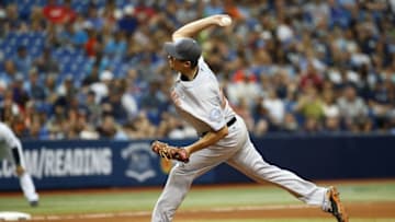 Jun 19, 2016; St. Petersburg, FL, USA; San Francisco Giants relief pitcher Derek Law (64) throws a pitch during the seventh inning against the Tampa Bay Rays at Tropicana Field. Mandatory Credit: Kim Klement-USA TODAY Sports