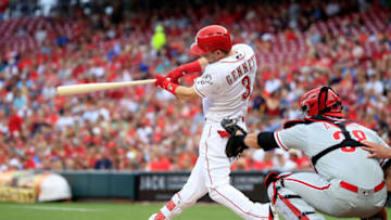 CINCINNATI, OH - JULY 26: Scooter Gennett #3 of the Cincinnati Reds hits a single in the first inning against the Philadelphia Phillies at Great American Ball Park on July 26, 2018 in Cincinnati, Ohio. (Photo by Andy Lyons/Getty Images)