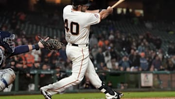 SAN FRANCISCO, CA - SEPTEMBER 25: Madison Bumgarner #40 of the San Francisco Giants hits an rbi walk-off single scoring Gorkys Hernandez #7 to defeat the San Diego Padres 5-4 in 12 inning at AT&T Park on September 25, 2018 in San Francisco, California. (Photo by Thearon W. Henderson/Getty Images)