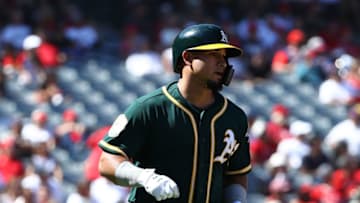 ANAHEIM, CA - SEPTEMBER 30: Franklin Barreto #1 of the Oakland Athletics runs to first base on his two-run home run during the sixth inning of the MLB game against the Los Angeles Angels of Anaheim at Angel Stadium on September 30, 2018 in Anaheim, California. (Photo by Victor Decolongon/Getty Images)