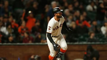 SAN FRANCISCO, CA - APRIL 11: Kevin Pillar #1 of the San Francisco Giants hits a solo home run in the bottom of the seventh inning against the Colorado Rockies at Oracle Park on April 11, 2019 in San Francisco, California. (Photo by Lachlan Cunningham/Getty Images)