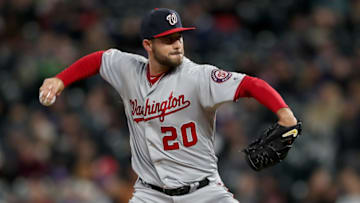 DENVER, COLORADO - APRIL 22: Pitcher Kyle Barraclough #20 of the Washington Nationals throws in the eighth inning against the Colorado Rockies at Coors Field on April 22, 2019 in Denver, Colorado. (Photo by Matthew Stockman/Getty Images)