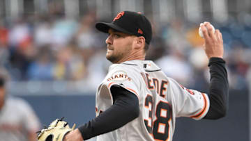 SAN DIEGO, CA - JULY 2: Tyler Beede #38 of the San Francisco Giants pitches during the first inning of a baseball game against the San Diego Padres at Petco Park July 2, 2019 in San Diego, California. (Photo by Denis Poroy/Getty Images)