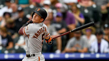 DENVER, CO - JULY 17: Mike Yastrzemski #5 of the San Francisco Giants watches the flight of a fifth inning double against the Colorado Rockies at Coors Field on July 17, 2019 in Denver, Colorado. (Photo by Dustin Bradford/Getty Images)