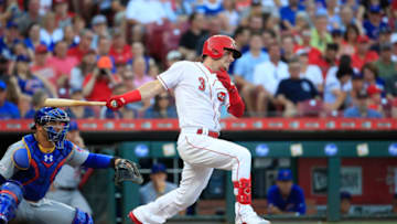 CINCINNATI, OHIO - JUNE 28: Scooter Gennett #3 of the Cincinnati Reds hits the ball against the Chicago Cubs at Great American Ball Park on June 28, 2019 in Cincinnati, Ohio. Gennett is making his season debut after being out with an injury. (Photo by Andy Lyons/Getty Images)