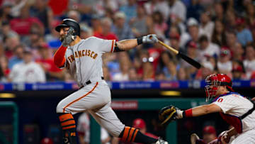 PHILADELPHIA, PA - JULY 31: Kevin Pillar #1 of the San Francisco Giants hits a two run home run in the top of the sixth inning against the Philadelphia Phillies at Citizens Bank Park on July 31, 2019 in Philadelphia, Pennsylvania. The Giants defeated the Phillies 5-1. (Photo by Mitchell Leff/Getty Images)