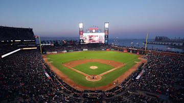SF Giants' Oracle Park as seen at night. (Photo by Ezra Shaw/Getty Images)