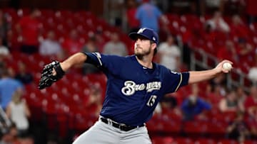 ST LOUIS, MO - AUGUST 21: Drew Pomeranz #15 of the Milwaukee Brewers pitches during the seventh inning against the St. Louis Cardinals at Busch Stadium on August 21, 2019 in St Louis, Missouri. (Photo by Jeff Curry/Getty Images)
