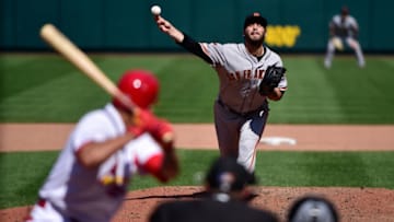 ST LOUIS, MO - SEPTEMBER 05: Kyle Barraclough #45 of the San Francisco Giants pitches to Yairo Munoz #34 of the St. Louis Cardinals during the eighth inning at Busch Stadium on September 5, 2019 in St Louis, Missouri. (Photo by Jeff Curry/Getty Images)