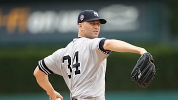 DETROIT, MI - SEPTEMBER 12: J.A. Happ #34 of the New York Yankees warms up prior to the start of game one of a double header against the Detroit Tigers at Comerica Park on September 12, 2019 in Detroit, Michigan. (Photo by Leon Halip/Getty Images)