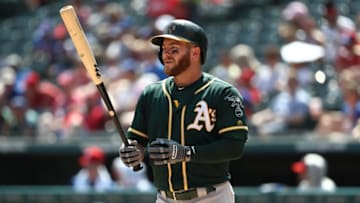 ARLINGTON, TEXAS - SEPTEMBER 15: Robbie Grossman #8 of the Oakland Athletics at Globe Life Park in Arlington on September 15, 2019 in Arlington, Texas. (Photo by Ronald Martinez/Getty Images)