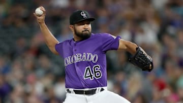 DENVER, COLORADO - SEPTEMBER 17: Rico Garcia #46 of the Colorado Rockies throws in the ninth inning against the New York Mets at Coors Field on September 17, 2019 in Denver, Colorado. (Photo by Matthew Stockman/Getty Images)