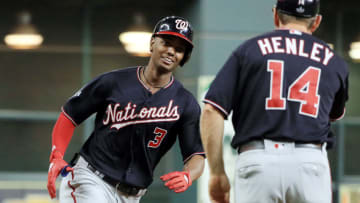 HOUSTON, TEXAS - OCTOBER 23: Michael A. Taylor #3 of the Washington Nationals hits a solo home run against the Houston Astros during the ninth inning in Game Two of the 2019 World Series at Minute Maid Park on October 23, 2019 in Houston, Texas. (Photo by Mike Ehrmann/Getty Images)