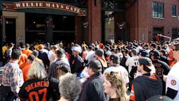 SAN FRANCISCO, CA - OCTOBER 24: Fans gather outside the stadium waiting to watch the San Francisco Giants host the Detroit Tigers during Game One of the Major League Baseball World Series at AT&T Park on October 24, 2012 in San Francisco, California. (Photo by Christian Petersen/Getty Images)