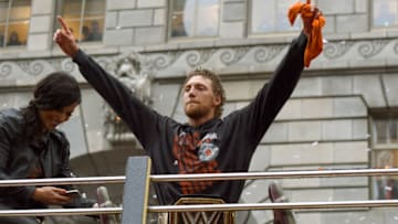 SAN FRANCISCO, CA - OCTOBER 31: Hunter Pence #8 of the San Francisco Giants, waves to the crowd along the parade route during the San Francisco Giants World Series victory parade on October 31, 2014 in San Francisco, California. The San Francisco Giants beat the Kansas City Royals to win the 2014 World Series. (Photo by Thearon W. Henderson/Getty Images)