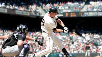 SAN FRANCISCO - AUGUST 4: Lance Niekro #28 of the SF Giants hits the game winning two run double in the 8th inning against the Colorado Rockies on August 4, 2005 at SBC Park in San Francisco, California. Niekro was the coach of recent Giants draft pick Vaun Brown. (Photo by Jed Jacobsohn/Getty Images)